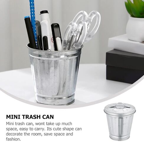 1Pc Sliver Mini Galvanized Trash Can Desktop Metal Wastebasket Garbage Bin Waste Paper Basket Trash Can Pencil Holder Pen Cup Makeup Brush Holder with Lid for All in Saudi Arabia