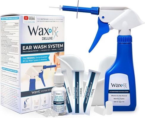 WaxRx Deluxe Ear Wash System, Complete Professional Earwax Removal Kit, Refillable, 3 Complete Uses, with Ear Washer, Basin, Wax Softening Drops, Ear Rinse, Cotton Plugs in Saudi Arabia