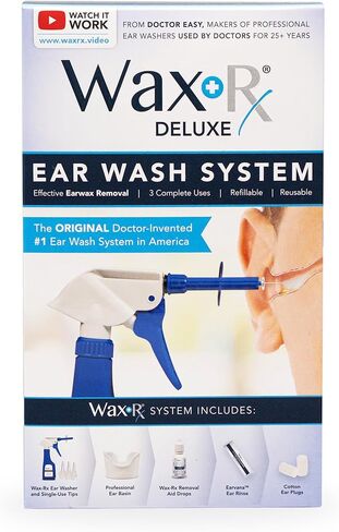 WaxRx Deluxe Ear Wash System, Complete Professional Earwax Removal Kit, Refillable, 3 Complete Uses, with Ear Washer, Basin, Wax Softening Drops, Ear Rinse, Cotton Plugs in Saudi Arabia