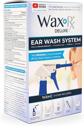 WaxRx Deluxe Ear Wash System, Complete Professional Earwax Removal Kit, Refillable, 3 Complete Uses, with Ear Washer, Basin, Wax Softening Drops, Ear Rinse, Cotton Plugs in Saudi Arabia