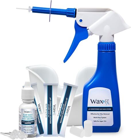 WaxRx Deluxe Ear Wash System, Complete Professional Earwax Removal Kit, Refillable, 3 Complete Uses, with Ear Washer, Basin, Wax Softening Drops, Ear Rinse, Cotton Plugs in Saudi Arabia