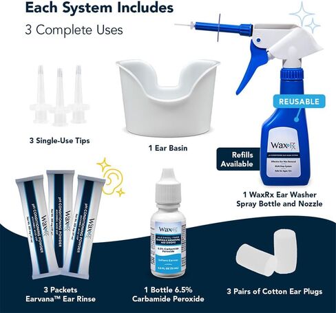 WaxRx Deluxe Ear Wash System, Complete Professional Earwax Removal Kit, Refillable, 3 Complete Uses, with Ear Washer, Basin, Wax Softening Drops, Ear Rinse, Cotton Plugs in Saudi Arabia