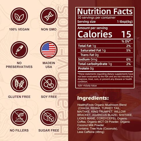 قهوة الفطر العضوية من HealthyFinds سريعة التحضير مع 10 فطر فائق الجودة لتحسين التركيز والطاقة والهضم والمناعة (6.35 أونصة) in Kuwait