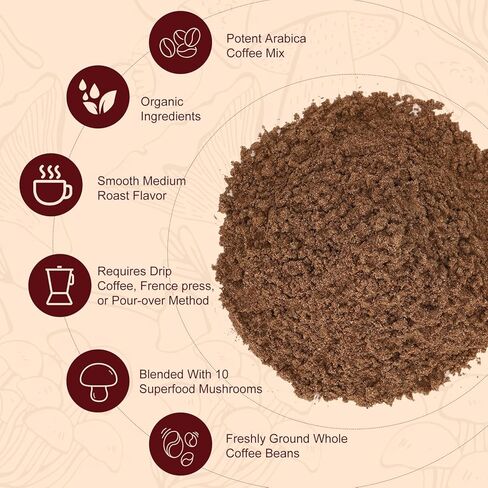 قهوة الفطر العضوية من HealthyFinds سريعة التحضير مع 10 فطر فائق الجودة لتحسين التركيز والطاقة والهضم والمناعة (6.35 أونصة) in Kuwait