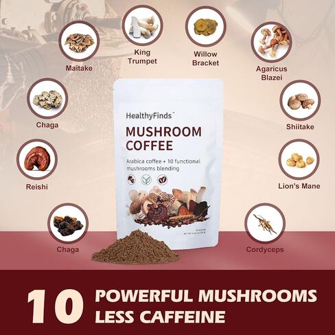 قهوة الفطر العضوية من HealthyFinds سريعة التحضير مع 10 فطر فائق الجودة لتحسين التركيز والطاقة والهضم والمناعة (6.35 أونصة) in Kuwait