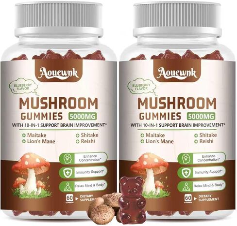2 Pack 5000MG Mushroom Gummies for Men & Women - 10-in-1 Blend Mushroom Complex Supplement containing Lion's Mane, Brain and Immune Boosting, Blueberry Flavor, Non-GMO, 120 Counts in Saudi Arabia