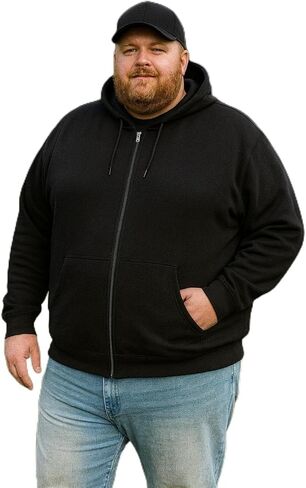 سترة بغطاء رأس بسحاب كامل بوزن 10 أونصة من MC BIG & TALL للرجال - صوف ناعم من مزيج القطن متوسط ​​الوزن، غطاء رأس برباط قابل للتعديل in Saudi Arabia