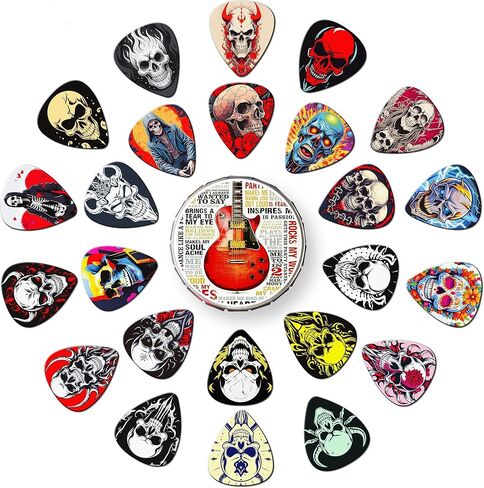 Guitar Picks Skull, 24 Pack Skeleton Guitar Pick 0.46 0.71 0.96 1.20mm Thin, Medium, Heavy Guitar Pics,Guitar Pick Variety Pack,Skull Guitar Picks for Acoustic Electric Guitars Bass (Set-11) in Saudi Arabia