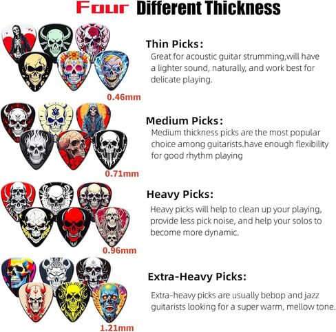 Guitar Picks Skull, 24 Pack Skeleton Guitar Pick 0.46 0.71 0.96 1.20mm Thin, Medium, Heavy Guitar Pics,Guitar Pick Variety Pack,Skull Guitar Picks for Acoustic Electric Guitars Bass (Set-11) in Saudi Arabia
