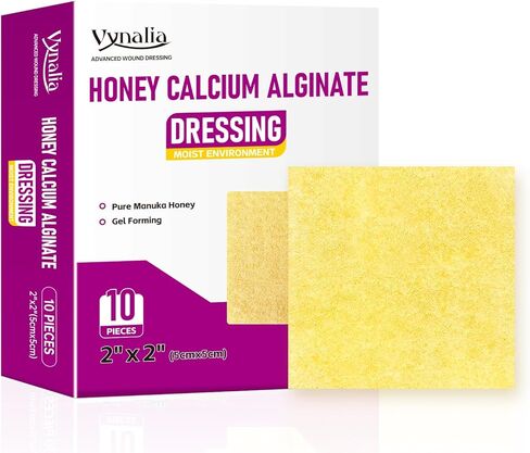 Honey Calcium Alginate Wound Dressing – 2"x2" 10 Packs – Medical Grade Manuka Honey, High Absorbency, Forms Gel & Non-Stick – for Chronic Wounds, Post-Surgery, Pressure Injuries, Burns, Cuts in Saudi Arabia