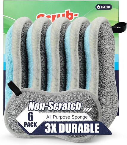 Dual Sided All-Purpose Sponges Kitchen,Dish Sponge for Washing Dishes Cleaning Kitchen,Non Scratch,Rough Scrubbers for Non-Stick Cookware, Soft Microfiber Scrub for Dishes(Bule,6Pack) in Kuwait