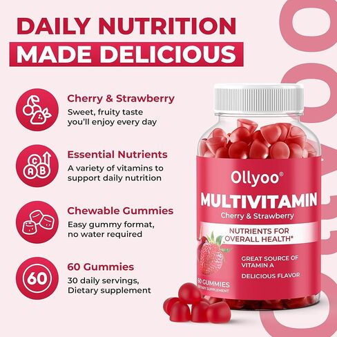 Adult Multivitamin Gummies for Men & Women, Vitamins A, C, D, E, B6, B12, Biotin, Folic Acid, Cherry & Strawberry Flavor, Supports Overall Health, 60 Count in Saudi Arabia