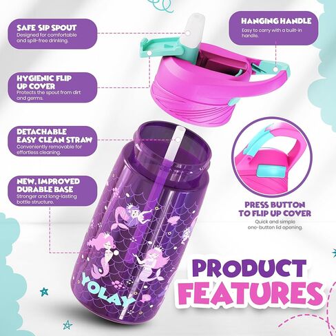 YOLAY 15oz Kids Water Bottle For School Boys and Girls, Durable Toddler Water Bottle with Straw Lid Leak-Proof, Spill Proof, Easy Clean and Dishwasher Safe with Re-Usable and BPA Free - Mermaid in Saudi Arabia