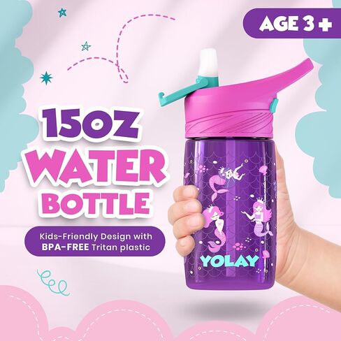 YOLAY 15oz Kids Water Bottle For School Boys and Girls, Durable Toddler Water Bottle with Straw Lid Leak-Proof, Spill Proof, Easy Clean and Dishwasher Safe with Re-Usable and BPA Free - Mermaid in Saudi Arabia