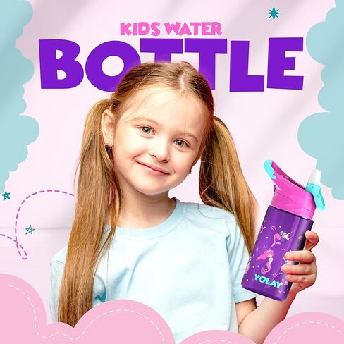 YOLAY 15oz Kids Water Bottle For School Boys and Girls, Durable Toddler Water Bottle with Straw Lid Leak-Proof, Spill Proof, Easy Clean and Dishwasher Safe with Re-Usable and BPA Free - Mermaid in Saudi Arabia