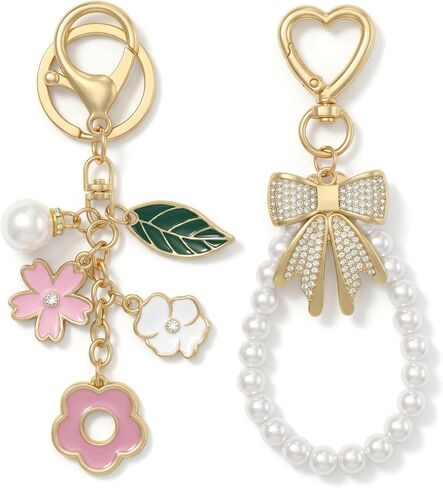 2pcs Cherry Keychain & Pearl Bow keychain ، Bowknot Parse Florm Charm سلسلة مفاتيح زهرة لحقائب اليد مفاتيح حقائب اليد in Saudi Arabia