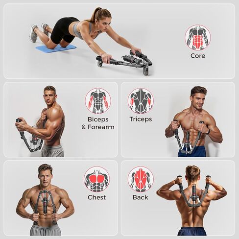 Flybird Chest & Arm Twister Trainer ، آلة الضغط على الطاقة الهيدروليكية 22-440 رطل للتدريب على قوة الجزء العلوي من الجسم ، مدرب صدر 2 في 1 مع عجلة AB الأسطوانة (حقيبة الظهر ووسادة) in Kuwait