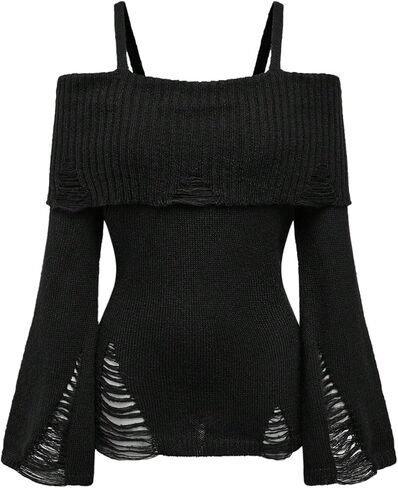 SOLY HUX Women's Cold Shoulder Ripped Sweater Goth Punk Long Sleeve Fitted Jumper Pullovers in Saudi Arabia