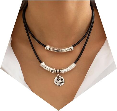 Black Woven Leather Necklace Wax Rope Chain for Women Simple Stylish Silver Cylindrical Bamboo Pendant with Wax Thread Necklace Double Layer Minimalist Pendant Black Necklace Bracelet Set for Women in Saudi Arabia