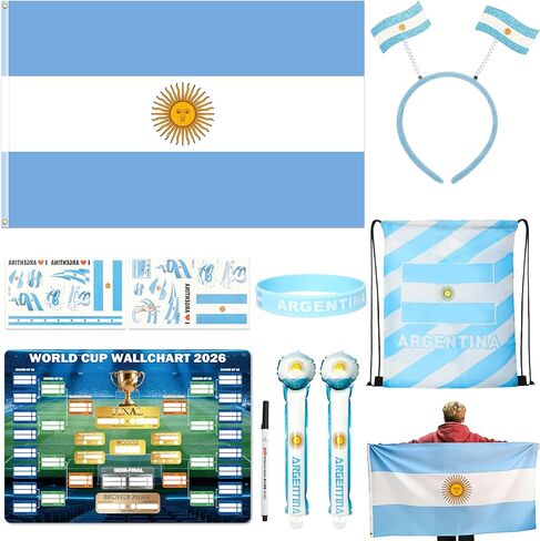 تتضمن مجموعة مشجعي كرة القدم ميرش كأس العالم 2026 10 قطع من أدوات دعم الدولة مع عصابة رأس العلم، وعصي الرعد، والعلم، وسوار المعصم، وحقيبة الرباط، وملصق جدول المسح الجاف وقلم in Kuwait