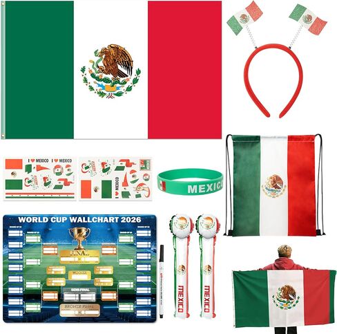 تتضمن مجموعة مشجعي كرة القدم ميرش كأس العالم 2026 10 قطع من أدوات دعم الدولة مع عصابة رأس العلم، وعصي الرعد، والعلم، وسوار المعصم، وحقيبة الرباط، وملصق جدول المسح الجاف وقلم in Saudi Arabia