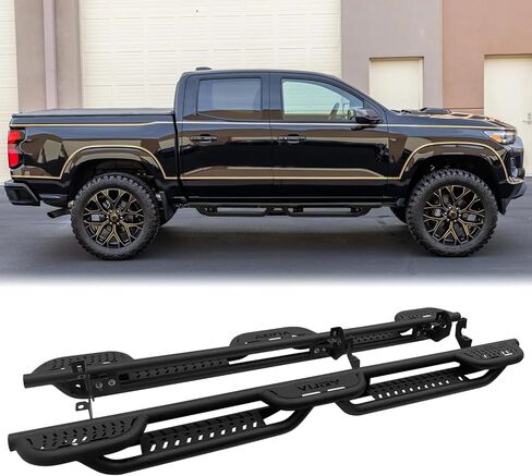 لوحات تشغيل جانبية متوافقة مع 2015-2025 Chevy Colorado/GMC Canyon Crew Cab، قضبان Nerf للسكك الحديدية، مطلية بالمسحوق (نمط أسود وأحمر) in Saudi Arabia