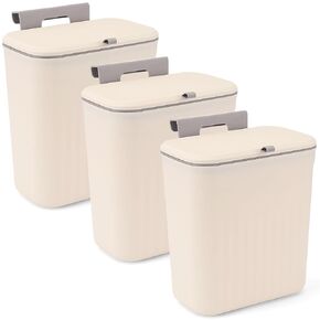 3 Pack Hanging Trash Can with Lid, Kitchen Compost Bin for Counter Top or Under Sink, Plastic Waste Basket Wall Mounted Garbage Can for Cupboard/Bathroom/Bedroom/Office/Camping (Cream) in Kuwait
