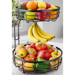 Sakugi Fruit Basket for Kitchen Counter - 2-Tier Large Capacity Fruit Bowl with Detachable Banana Hanger, Rust-Proof Metal Fruit Holder for Vegetables, Bread, Toiletry,10" D x 10" W x 14" H, Black in Saudi Arabia