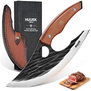 Huusk Japan Ulu Knife with Sheath - Christmas Gift for Men and Women - Hand Forged Caveman Ultimo Knife with Full Tang Wooden Handle - BBQ Knives for Vegetables, Fruit, Pizza in Saudi Arabia
