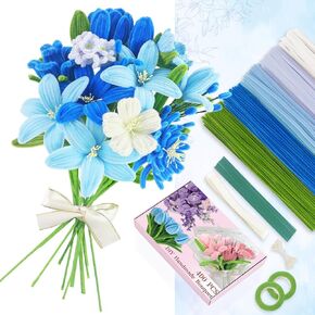 400 Pcs Blue Yellow Pipe Cleaners Craft for Flowers, 4 Colored Pipe Cleaner Flower Kit, Pastel Chenille Stems for Handmade Bouquet Wrapping Party Decorations with Floral Wire, Ribbons, Tape in Saudi Arabia