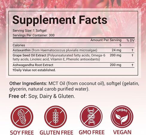 Astaxanthin 24mg, Premium Astaxanthin Antioxidant Supplements with MCT Oil, Ashwagandha, Supports Eye, Skin, Immune, Internal Circulation, Fresh Microalgae Source, Triple Strength - 300 Softgels in Saudi Arabia