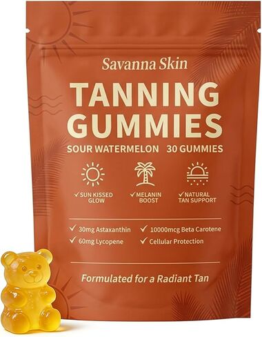 tebazoew Savanna Skin Tanning Gummies, with Astaxanthin, Beta-Carotene, Lycopene & Vitamins, Radiant Healthy Skin Natural Looking Glow, Bronzing, Non-GMO & Vegan in Kuwait