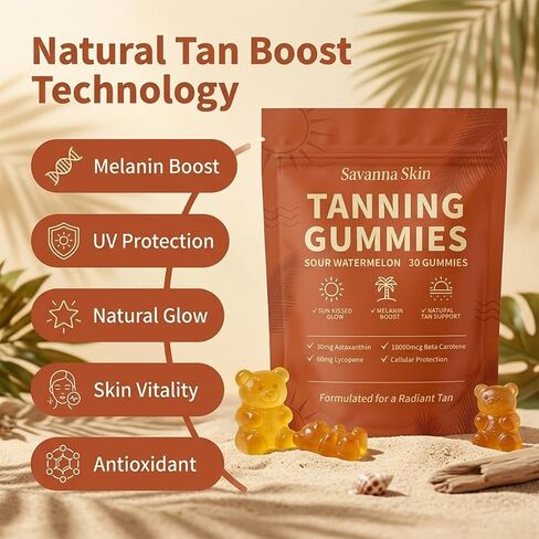 tebazoew Savanna Skin Tanning Gummies, with Astaxanthin, Beta-Carotene, Lycopene & Vitamins, Radiant Healthy Skin Natural Looking Glow, Bronzing, Non-GMO & Vegan in Kuwait
