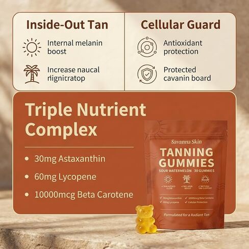 tebazoew Savanna Skin Tanning Gummies, with Astaxanthin, Beta-Carotene, Lycopene & Vitamins, Radiant Healthy Skin Natural Looking Glow, Bronzing, Non-GMO & Vegan in Kuwait