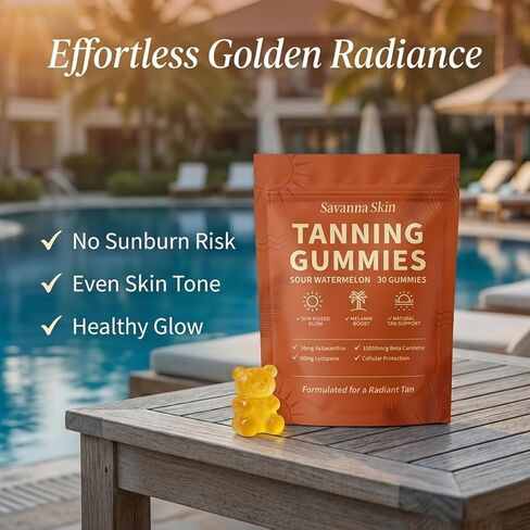 tebazoew Savanna Skin Tanning Gummies, with Astaxanthin, Beta-Carotene, Lycopene & Vitamins, Radiant Healthy Skin Natural Looking Glow, Bronzing, Non-GMO & Vegan in Kuwait