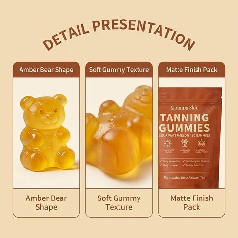 tebazoew Savanna Skin Tanning Gummies, with Astaxanthin, Beta-Carotene, Lycopene & Vitamins, Radiant Healthy Skin Natural Looking Glow, Bronzing, Non-GMO & Vegan in Kuwait
