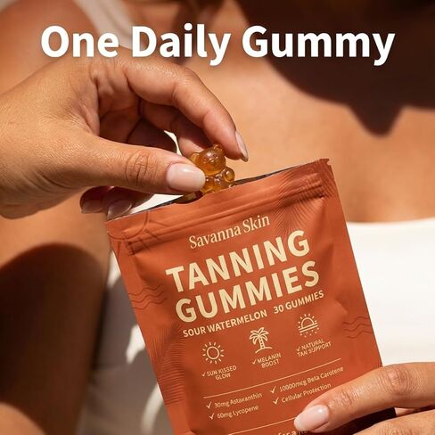 tebazoew Savanna Skin Tanning Gummies, with Astaxanthin, Beta-Carotene, Lycopene & Vitamins, Radiant Healthy Skin Natural Looking Glow, Bronzing, Non-GMO & Vegan in Kuwait