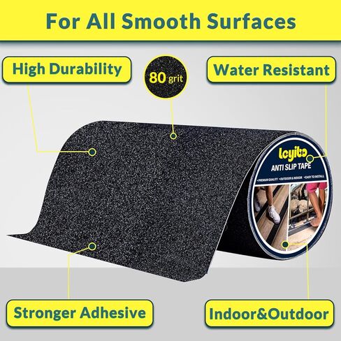 شريط مضاد للانزلاق، شريط قبضة مقاس 12 بوصة × 16 قدم للسلالم الخارجية/الداخلية، بكرة مضادة للانزلاق مقاومة للانزلاق لمداس السلالم غير قابلة للانزلاق، درجات لاصقة كاشطة عالية الاحتكاك - أسود in Kuwait