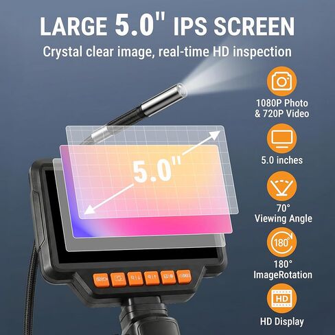 كاميرا بوريسكوب مفصلية، منظار بوريسكوب 8 مم مع شاشة IPS 5 بوصات، دقة 1080 بكسل عالية الدقة، كابل معقوفة بطول 4.9 أقدام، كاميرات ثعبان مقاومة للماء IP67 مع 8 مصابيح للسيارات والسباكة in Kuwait