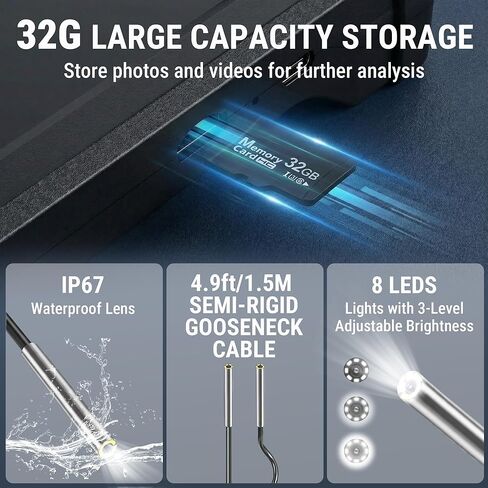 كاميرا بوريسكوب مفصلية، منظار بوريسكوب 8 مم مع شاشة IPS 5 بوصات، دقة 1080 بكسل عالية الدقة، كابل معقوفة بطول 4.9 أقدام، كاميرات ثعبان مقاومة للماء IP67 مع 8 مصابيح للسيارات والسباكة in Kuwait