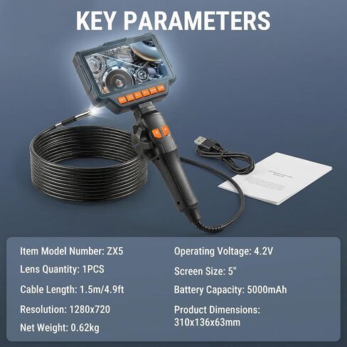 كاميرا بوريسكوب مفصلية، منظار بوريسكوب 8 مم مع شاشة IPS 5 بوصات، دقة 1080 بكسل عالية الدقة، كابل معقوفة بطول 4.9 أقدام، كاميرات ثعبان مقاومة للماء IP67 مع 8 مصابيح للسيارات والسباكة in Kuwait