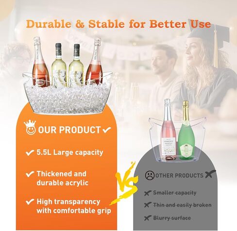 Ice Bucket for Parties, 2PCS Clear Acrylic Drink Buckets with Scoop & Metal Wine Bottle Opener, 5.5L Large Champagne Bucket Tub for Wine, Beer, Cocktail Bar & Mimosa Bar Supplies Cooler in Saudi Arabia