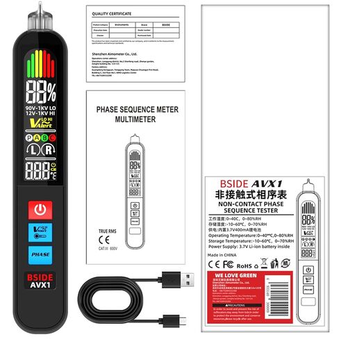 BSIDE Voltage Tester, Non-Contact with 3-Phase Rotation Indicator & Signal Percentage, Rechargeable AC Electrical Voltage Detector Pen, High/Low Sensitivity with 6 Ranges, 3-Mode Alarm with Analog Bar in Kuwait