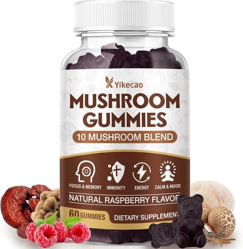 Mushroom Gummies for Adults, 10 Blend Mushroom Supplement with Lions Mane, Cordyceps, Reishi, Chaga and Turkey Tail for Focus and Energy, Raspberry Flavor, 60 Count in Saudi Arabia