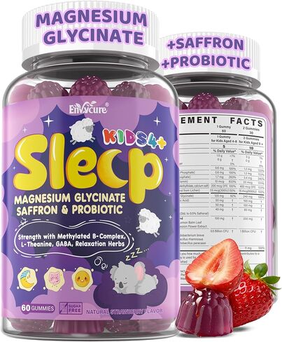 Kids Sleep Gummies - Magnesium Glycinate Saffron for kids w/ Vitamin B6 D3, L-Theanine, GABA, Chamomile, Methylate B12 for Peaceful Sleep, Relax Brain & Muscle, Bedtime Unwind, Melatonin Free,120 Cts in Kuwait