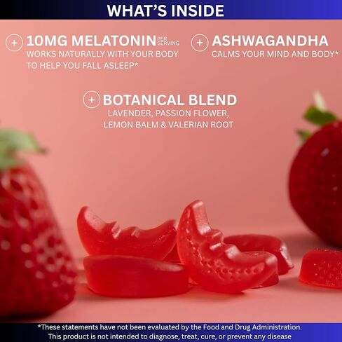 Vemax Sleep Gummies Adult Melatonin 10mg, L-Theanine, Magnesium, Lavender, Lemon Balm and Ashwagandha, Drug Free Nighttime Rest Support, 60 Strawberry Flavored Sleep Aids for Adults, Zero Sugar in Saudi Arabia
