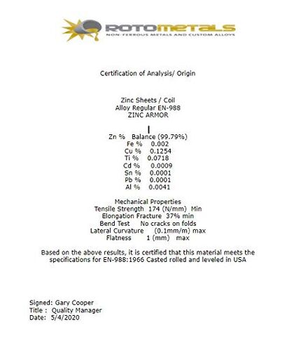 Solid Zinc Sheet - .027 inch x 8 inches x 11 inches in Kuwait