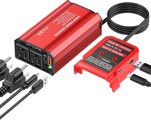 محول طاقة 300 واط متوافق مع بطارية Milwaukee M18، DC 18V إلى AC 110V مولد محطة طاقة محمول مع 2 منافذ تيار متردد و1 Type-C PD 65W و1 Type-C PD 20W و2 USB A 18W كحد أقصى للطاقة في حالات الطوارئ in Kuwait