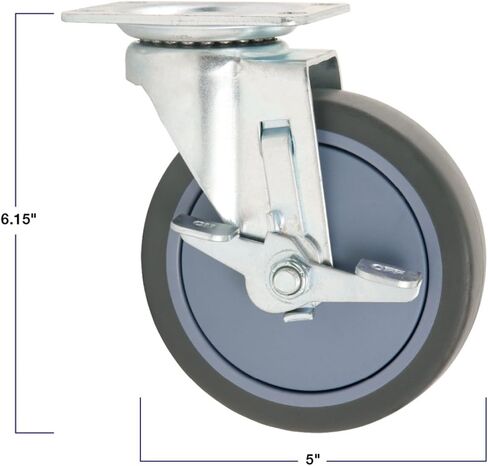 TPR Rubber Caster Wheel with Swiveling Top Plate w/Brake - 5-Inch - 350 lb. Load Capacity - Non-Marking for Hospitals, Food Service, & Other Institutional Applications in Kuwait