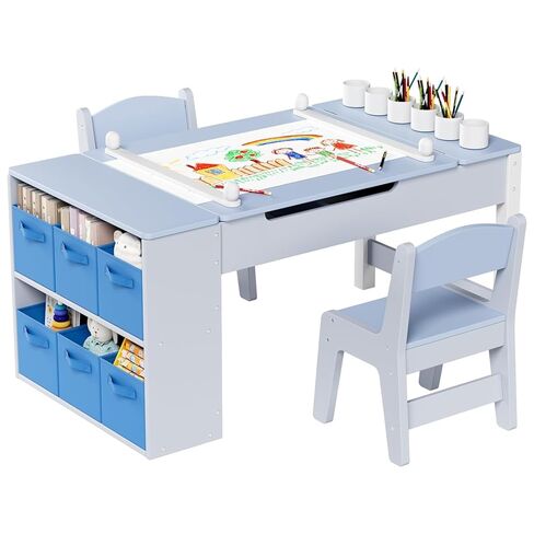 Arlopu 3 in 1 Kids Art Table and Chair Set, Toddler Wooden Activity/Craft Table, Large Size Desk with 2 Chairs and Art Easel, 6 Storage Bins, Paper Roll, 6 Paint Cups for Draw, Play, Read (Yellow) in Kuwait